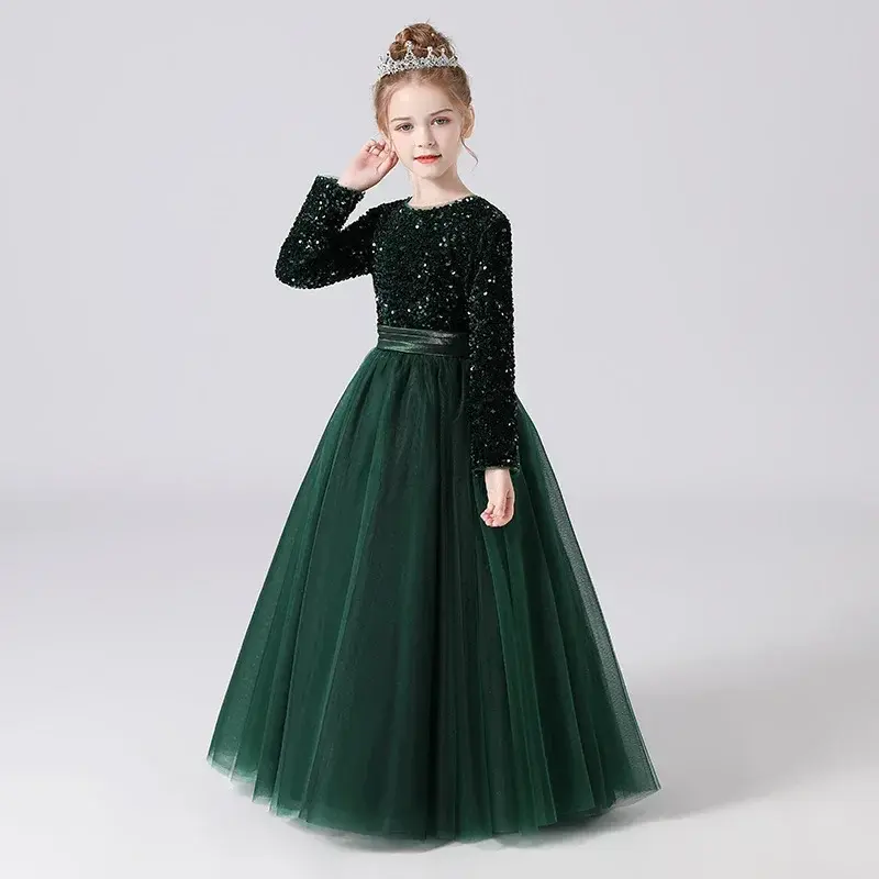 Girl's Concert Solo Dress Children's Piano Performance Dress Dark Green Middle School Host Dress