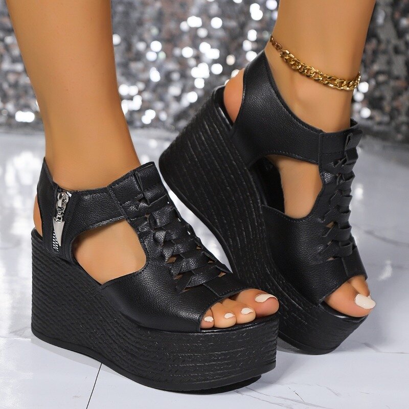 Sandálias plataforma cunhas para mulheres, sapatos de salto alto, zíper lateral, peep toe, monocromático, designer, sexy, verão, 2024