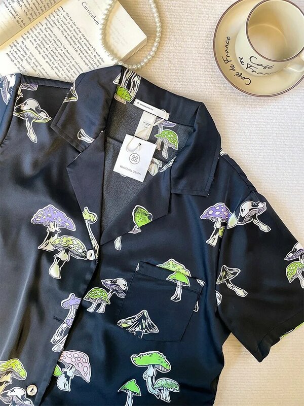 Txii Newlook Pyjama Met Zwarte Paddenstoelenprint Zomer Nieuwe Zijdeachtige Huiskleding Met Korte Mouwen, High-End Mode