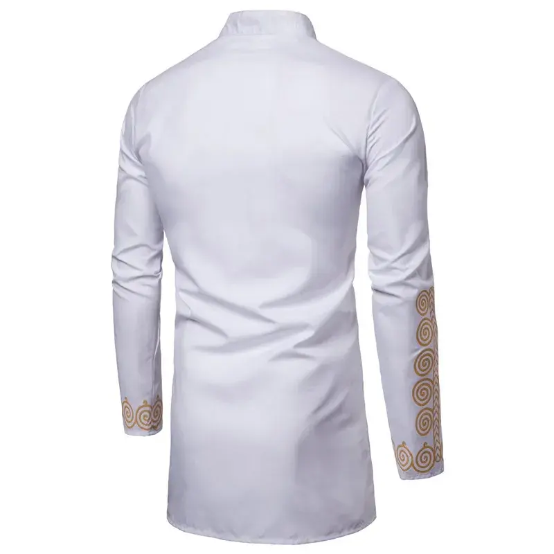 Camisa de gola em pé estampada dourada, Camisa branca masculina de comprimento médio, Roupas masculinas muçulmanas