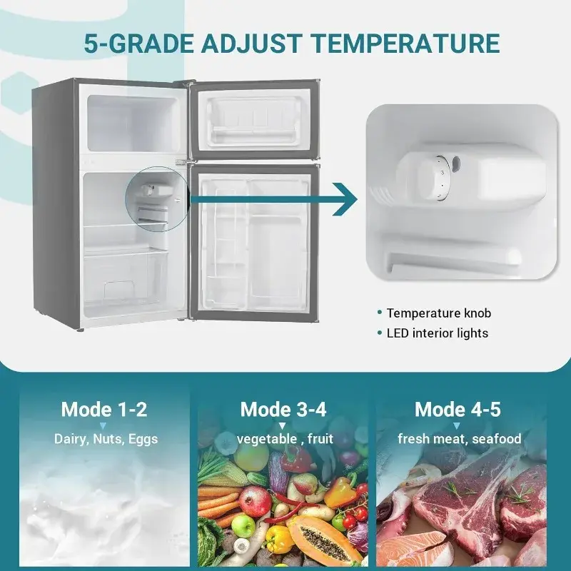 EUHOMY kulkas Mini dengan Freezer, 3.2 Cu.Ft kulkas kompak dengan freezer, 2 pintu penyimpanan makanan tegak atau minuman bir, HITAM