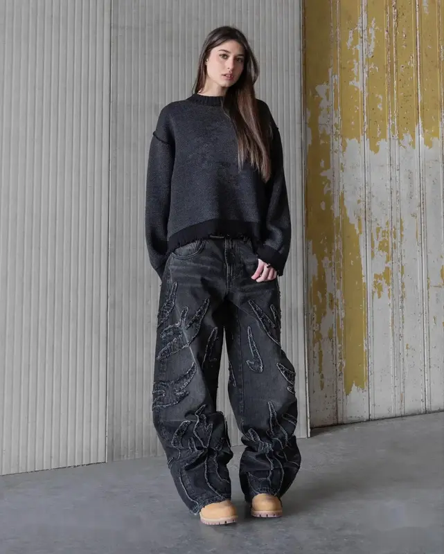 Jeans retrô preto baggy masculino, borda crua, bordado, padrão vintage, patchwork, calças jeans de cintura alta, punk, hip hop, y2k