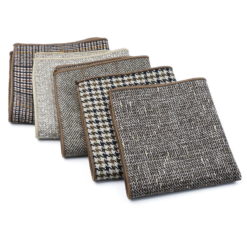 Men's Classic Hanky Plaid Striped Pocket Squared Handkerchief Wool Brown Grey Hankerchief Wedding Party Gift for Man Accessories