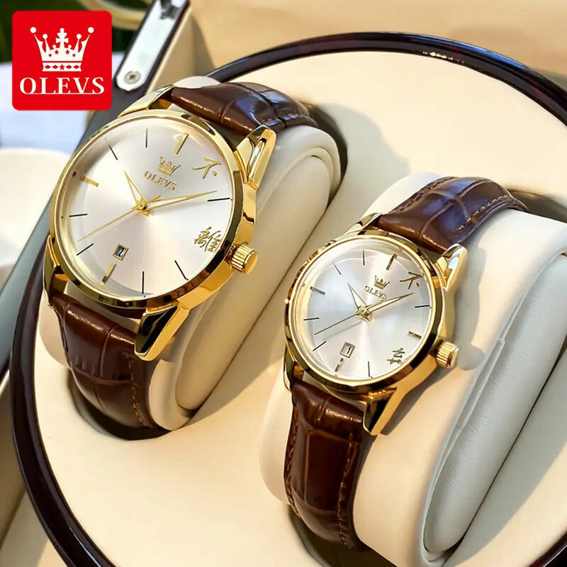 ساعة OLEVS-Quartz للزوجين ، حزام جلدي ، شاشة صينية ، قرص بسيط ، مقاومة للماء ، ساعات معصم مضيئة ، موضة