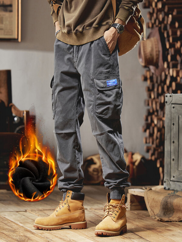 Winter Thick Fleece Warm Cargo Pants Men Multi-Pockets Work Wear Overalls Slim Fit Joggers Cotton Casual Thermal Trousers