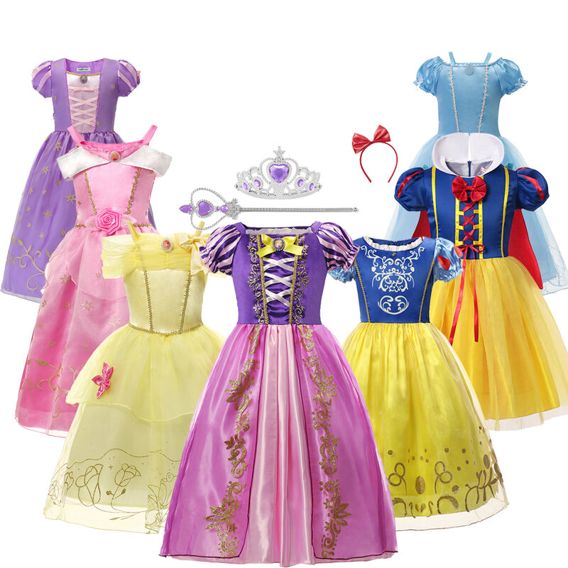 Gaun Putri Salju Disney untuk Bayi Perempuan Kostum Cosplay Rapunzel Belle Cinderella Halloween Pakaian Anak-anak Pesta Ulang Tahun