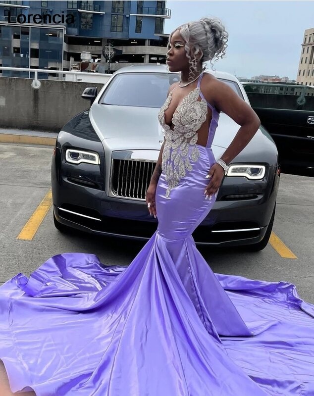 Lorencia Sexy lavanda sirena Prom Dress per ragazze nere 2024 argento perline strass Party Gala Gown Robe De Soiree YPD115