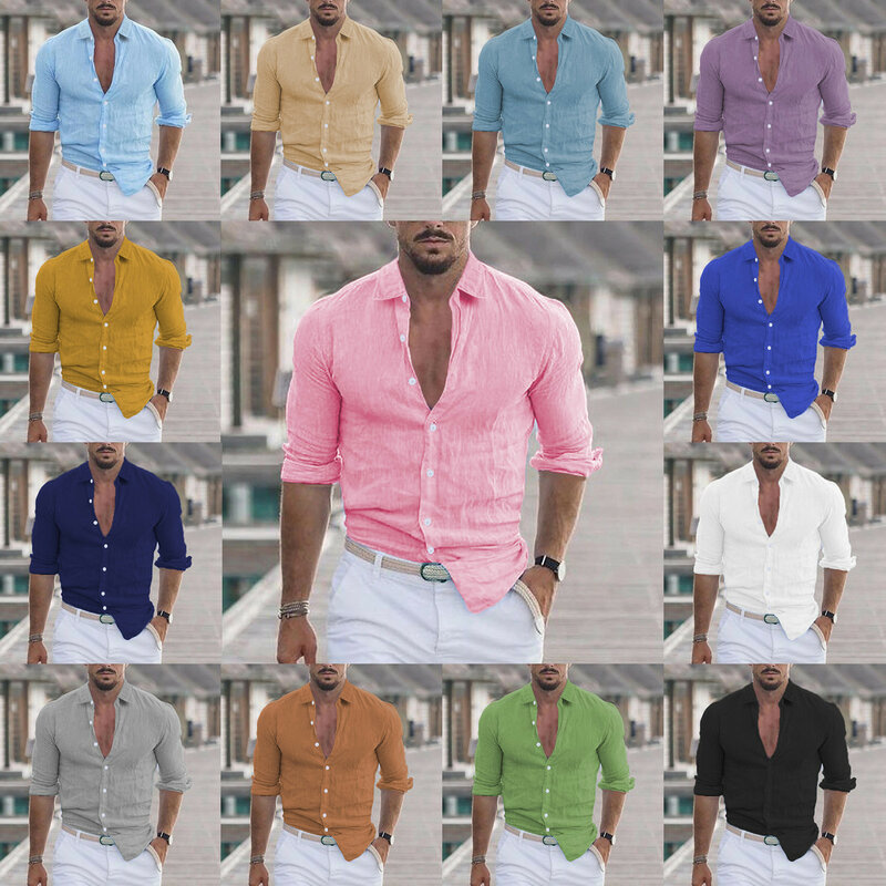 남성용 코튼 및 린넨 라펠 비치 탑, 긴팔 셔츠, 단색 하와이안 홀리데이 의류, 13 가지 색상, 여름 신상