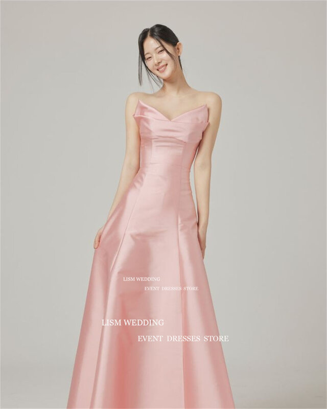 LISM Elegant V Neck Korea Evening Dresses Satin Pink Wedding Photos Shoot Sleeveless Prom Occasion Gown Backless Party Dress