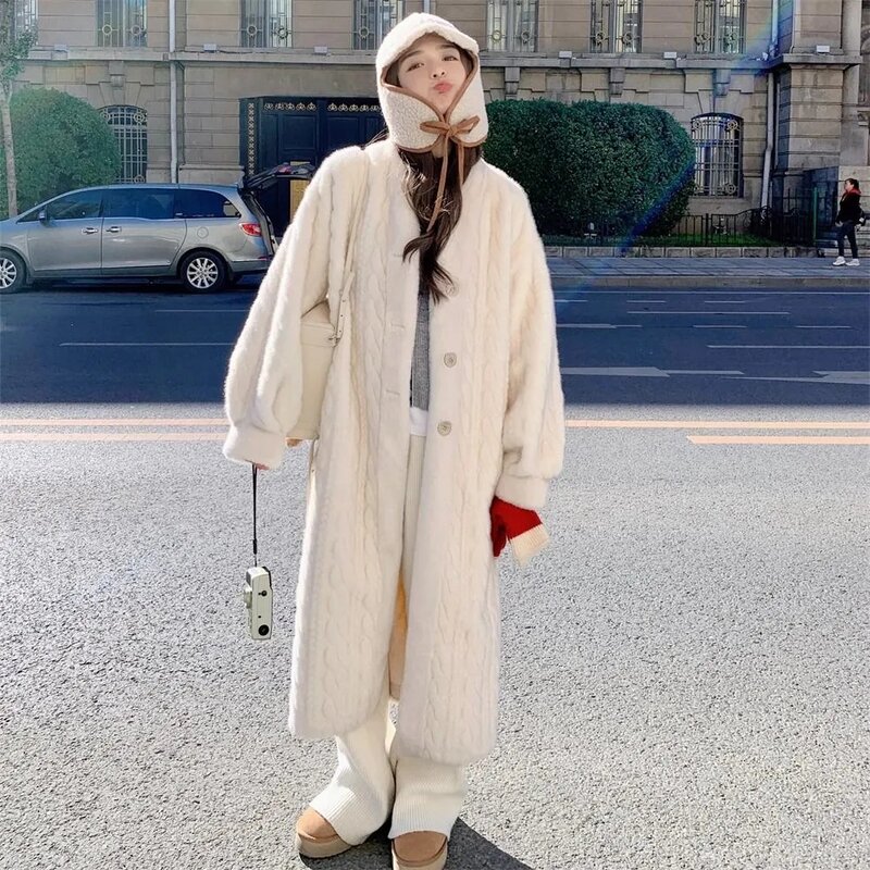 Длинное пальто из искусственного кроличьего меха в Корейском стиле, осенне-зимние теплые женские куртки, толстая плюшевая искусственная кожа, модное Свободное пальто с V-образным вырезом
