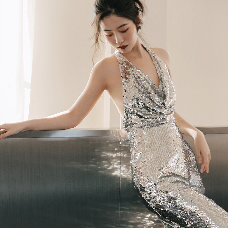 NBFENFA srebrzyste plecy Sexy Deep V Girl suknie balowe 2023 luksusowe migające światło kobiety suknie koktajlowe na przyjęcie urodzinowe