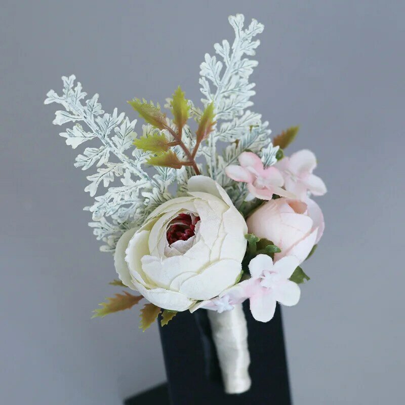 흰색 인공 부토니에르 손목 코사지 꽃, 웨딩 액세서리