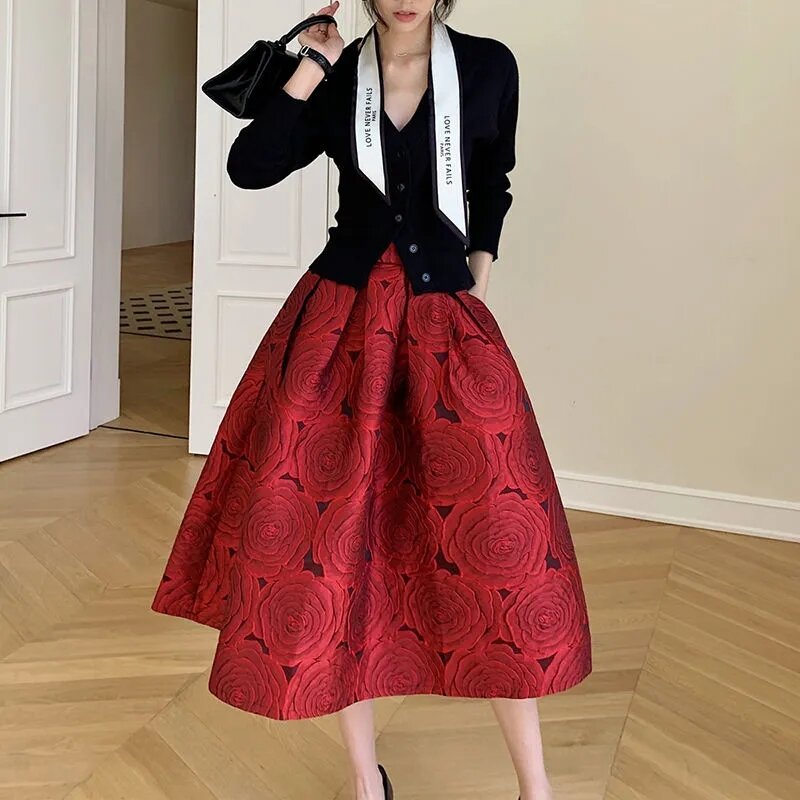 Musim Semi Musim Gugur Baru Hepburn Safflower Antik Elegan Rok Wanita Faldas Estetika Jacquard Pinggang Tinggi Panjang Midi Rok Berlipat