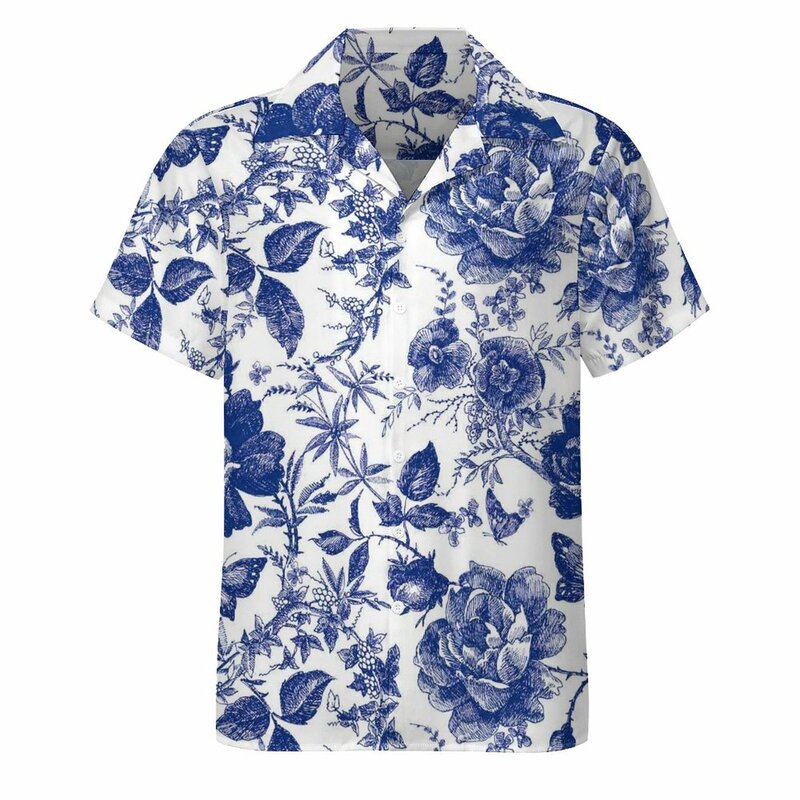 Camisa de playa de mariposa para hombre, camisa informal hawaiana Vintage con flores azules, blusas estéticas de manga corta estampadas, talla grande