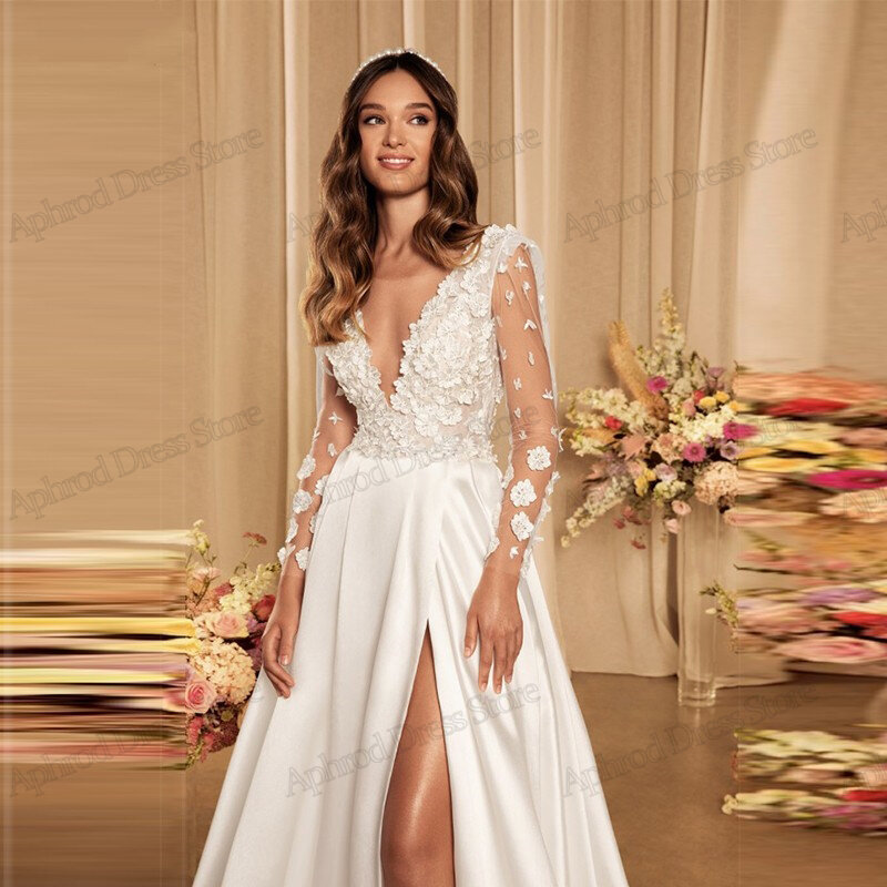 Klassische Brautkleider A-Linie Satin Brautkleider Spitzen applikationen sexy hoch geschlitzte tiefe V-Ausschnitt Roben glamouröse Vestidos de Novia
