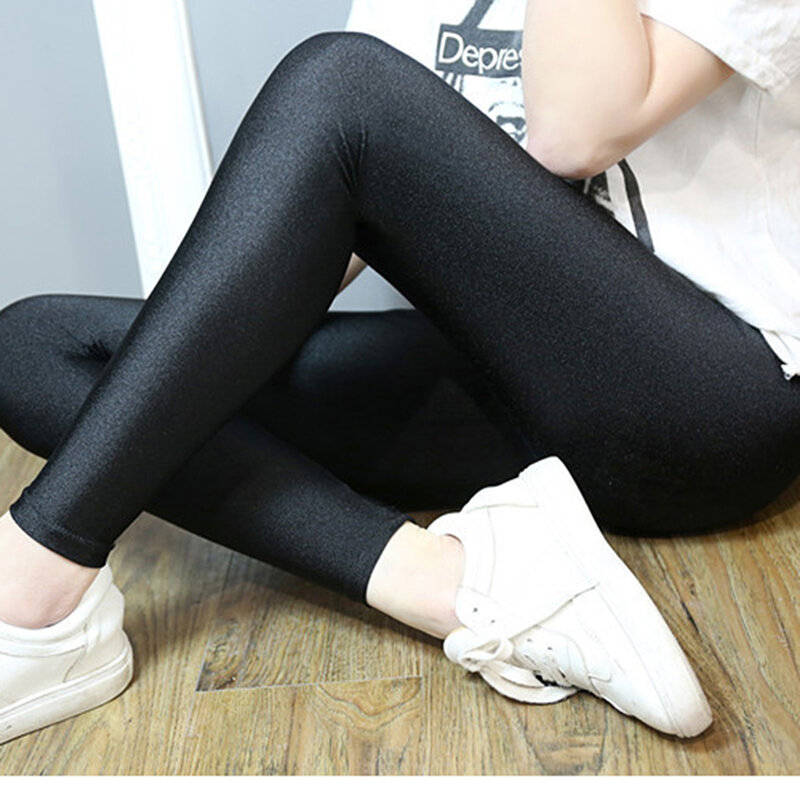 Mallas negras brillantes para mujer, Leggings ajustados de realce, cintura alta, elásticos, suaves, talla grande, otoño