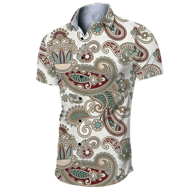 Мужская рубашка с цветочным принтом, белая Повседневная Базовая рубашка с короткими рукавами и 3D-принтом в стиле 70-х, лето 2019