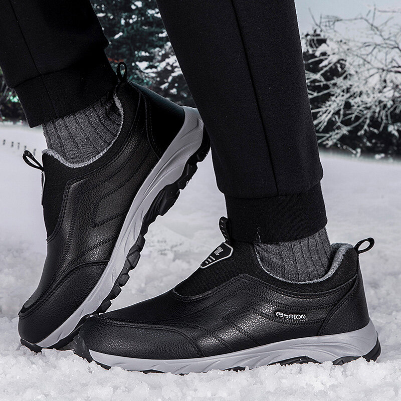 ฤดูหนาว Pu หนังรองเท้าผ้าฝ้ายผู้ชายกลาง-อายุคู่เดินรองเท้าผ้าฝ้าย Plush Warm Slip-On รองเท้า Loafers สำหรับผ...