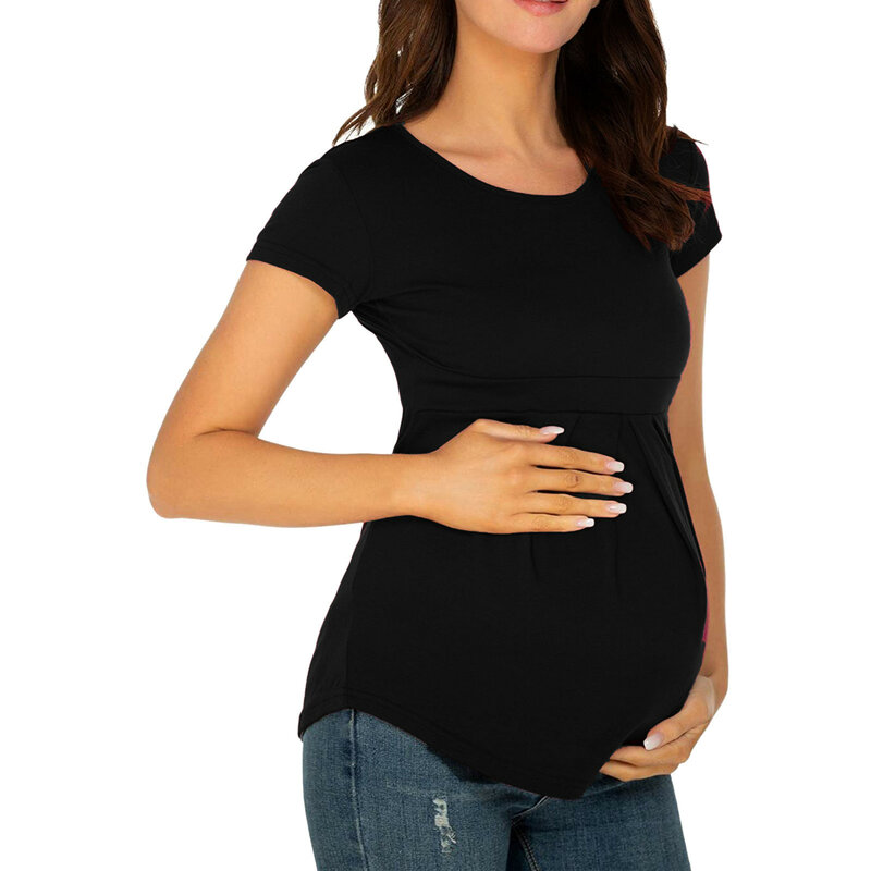 موضة المرأة قميص الأمومة الأزهار المطبوعة التمريض القمم الرضاعة الطبيعية طبقة مزدوجة لينة قصيرة الأكمام ملابس الحمل العلوي