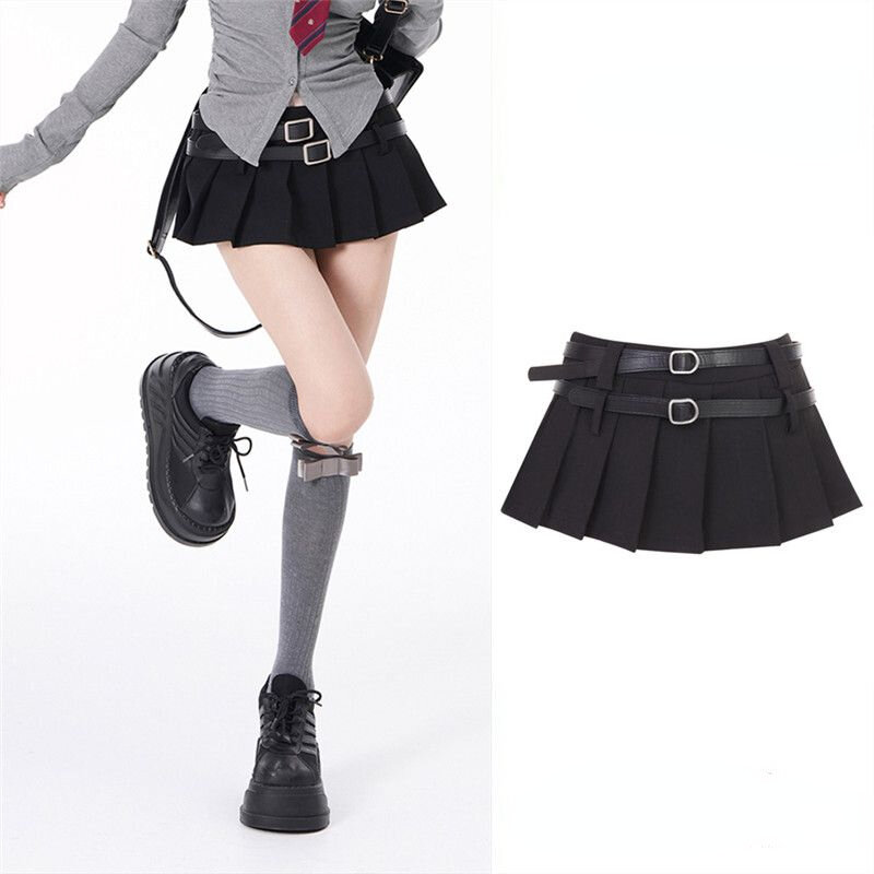 Falda de estilo coreano Harajuku Kawaii, minifalda plisada de estilo Campus para chica, falda de línea a de cintura alta que combina con todo, color negro, Y2k