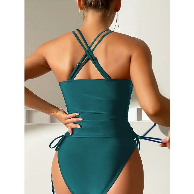 Maiô tankini monocromático de cintura alta feminino, biquíni de duas peças, banho sem costas atado cruzado, maiô de praia de verão, 2022
