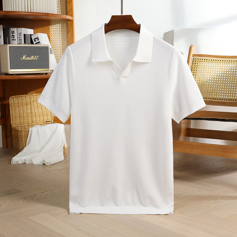남성용 럭셔리 뽕나무 실크 티셔츠, 반팔 얇은 단색 니트, 심플한 V넥 캐주얼 통기성 폴로 셔츠, 여름
