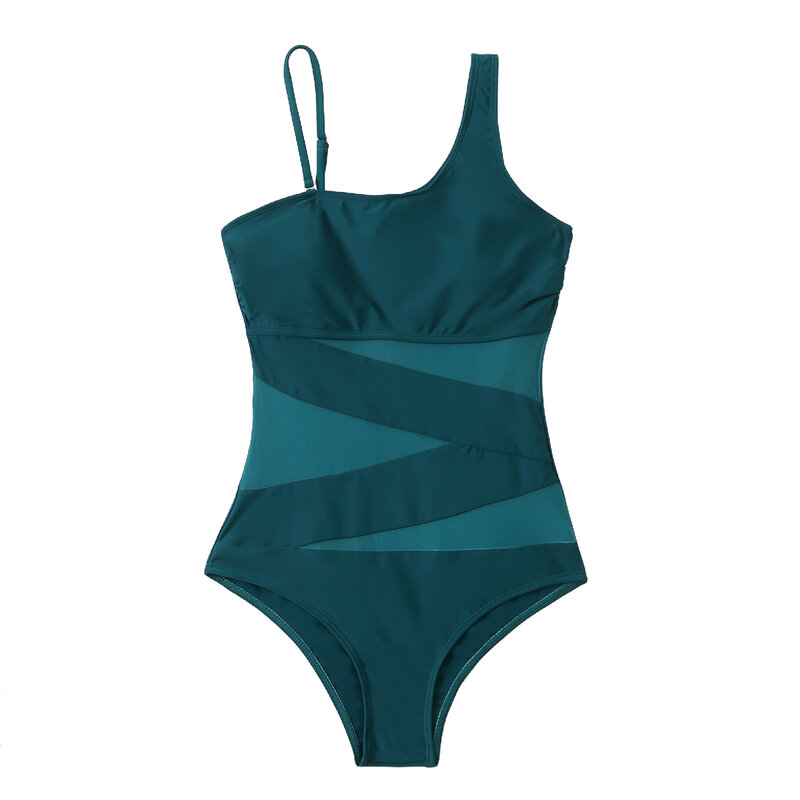 บอดี้สูทชุดว่ายน้ำบิกินี่สีทึบมีสายดึงกางเกงตาข่ายสำหรับผู้หญิงแข็งแรงเล่นพูลชายหาดฤดูร้อนใหม่