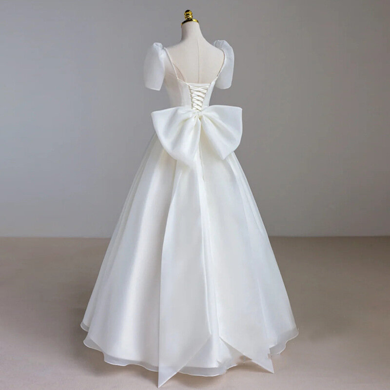 Franse Luxe White Satin Maxi Trouwjurken Voor Bruid 2022 Elegante Sexy Slank Bladerdeeg Mouw Lange Prom Party Dress Vrouwen vestidos