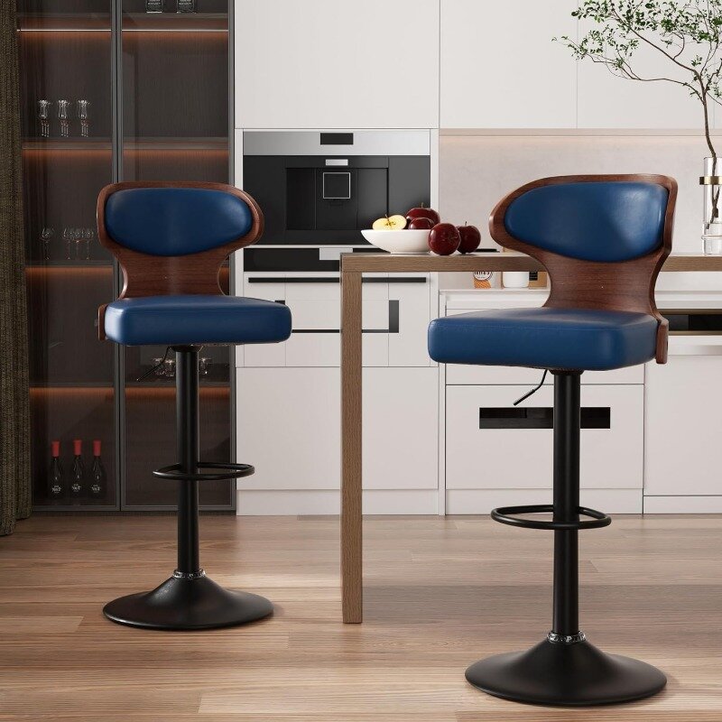Bangku Bar Set 4 kursi tinggi dapat disesuaikan 24.5-33,5 inci bangku putar kayu dengan sandaran & sandaran kaki-kulit PU karpet