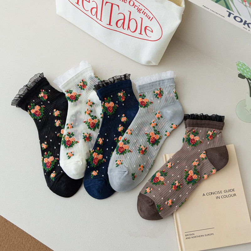 Medias tobilleras de malla fina transparente para mujer, calcetines cortos con bordado de flores y volantes de encaje japonés, estilo Retro Harajuku, color blanco, Verano