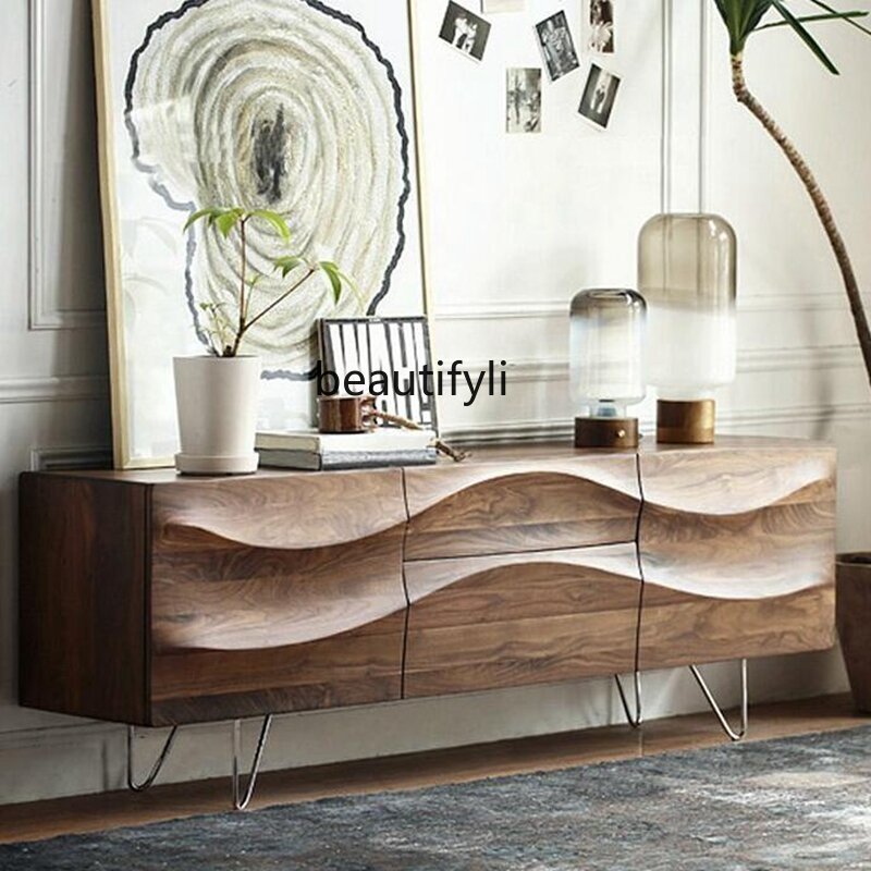 Yj-armario de madera de nogal negro para TV, mueble nórdico minimalista de madera maciza para TV, aparador