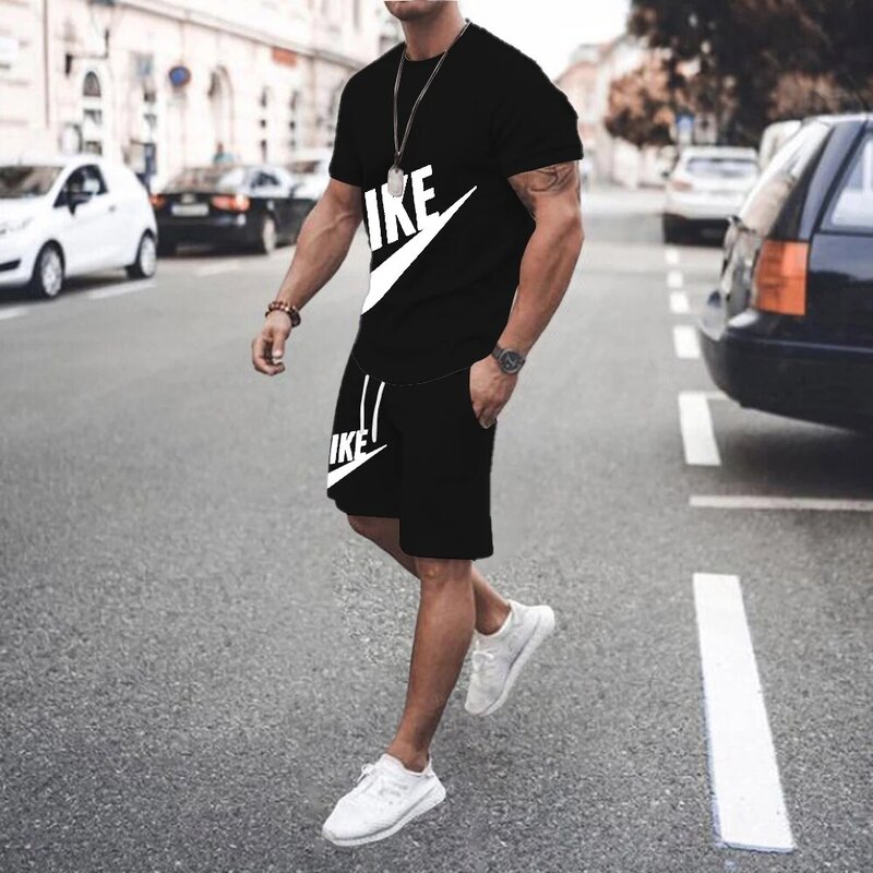 Camiseta masculina de manga curta estampada em 3D e calças compridas, tendência casual, roupas esportivas superdimensionadas, roupas de verão
