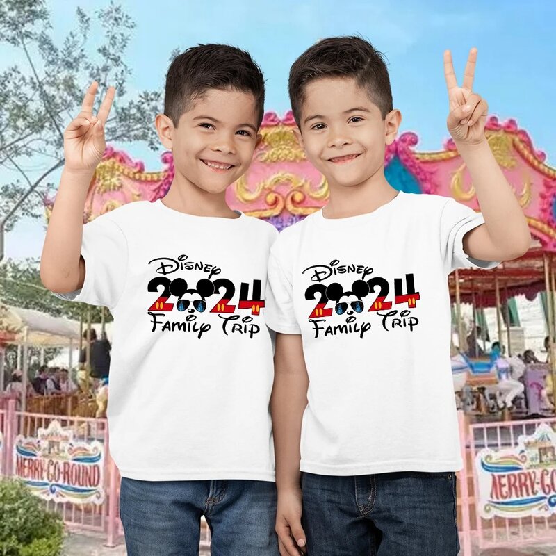 Disney 2024 Family Trip Matching Clothes Mickey Mouse Fashion Trend Father Mother and Kids T-shirt Summer O-neck Color Tops Tees