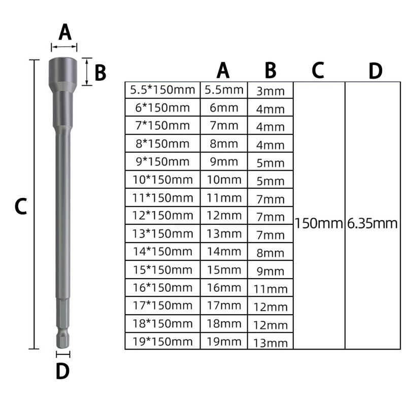 150mm Long 6mm-19mm Hexagon Nut Driver Drill Bit Socket Wrench Extension Sleeve Hexagon Nut With Magnetic 6mm-19mm