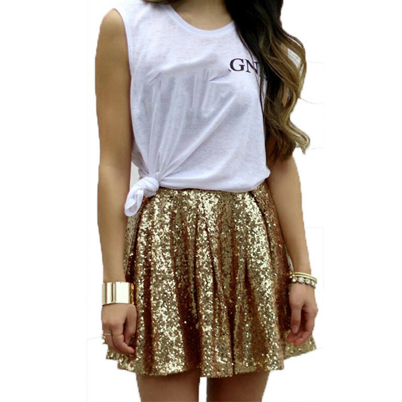 Women's Fashion Casual Skirts High Waist Pleated Solid Color Skirt Loose Golden Sequined Short Sexy Half Length Skirts For Women
