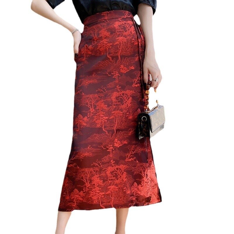 Satin Skirt Women's Summer Thin One-step Mid-length One-side Slit Chinese Style Retro Straight Skirt
