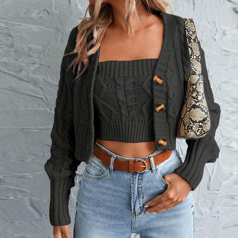2Pcs Sweater Vest Coat Twist Ribbed Edge Short Type Autumn Winter Buttons Placket Knitted Coat Tube Top Set Streetwear