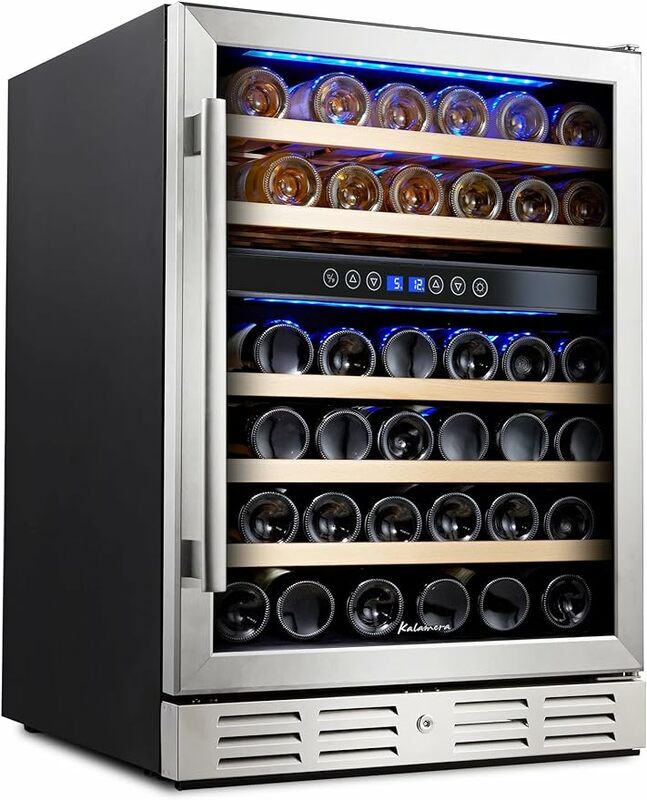 Kalamera 24 inch Wine Cooler, 46 Bottle - Dual Zone Built-in or Freestanding Fridge with Stainless Steel Reversible Glass Door