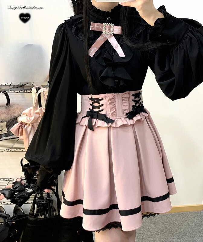 Camisa lolita estilo japonês para as mulheres, gola alta, solta, folha de lótus, manga longa, cor branca, para o verão