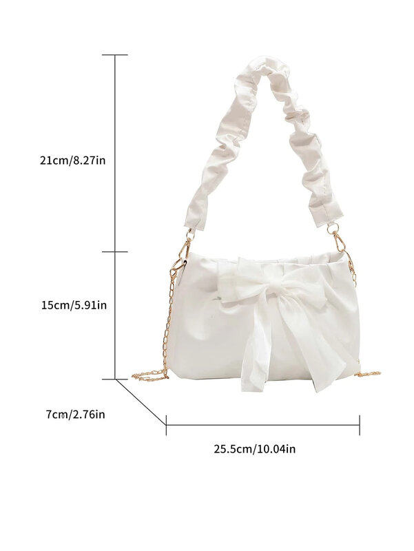 Cute Kawaii Moire Bow Decor Ruched Bag Lightweight Business Casual Bow Decor HandBag For Girls Women Fashionable Shoulder Bag