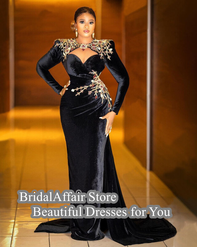 BridalAffair-Vestidos de Noche de sirena de terciopelo negro Vintage, apliques bonitos, flores con cuentas Aso Ebi, vestidos de fiesta formales con tren