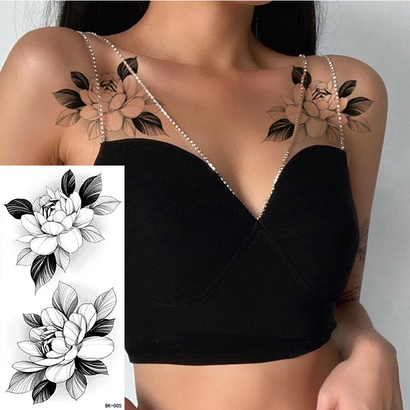 Große Größe schwarz Blumenmuster gefälschte Tattoo Aufkleber für Frauen Dot Rose Pfingstrose temporäre Tattoos diy Wasser Transfer Tattoos Mädchen