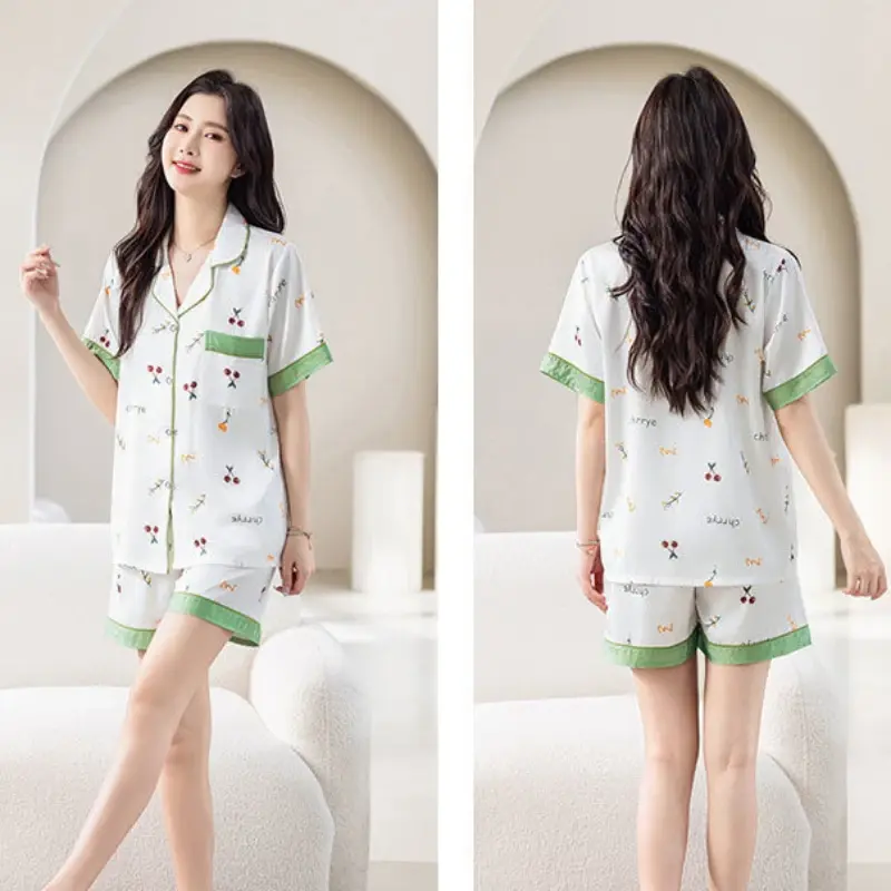 Pijama simples e confortável para mulheres, shorts de manga curta, pijama de seda gelo, seda imitação fina, roupa de casa verão