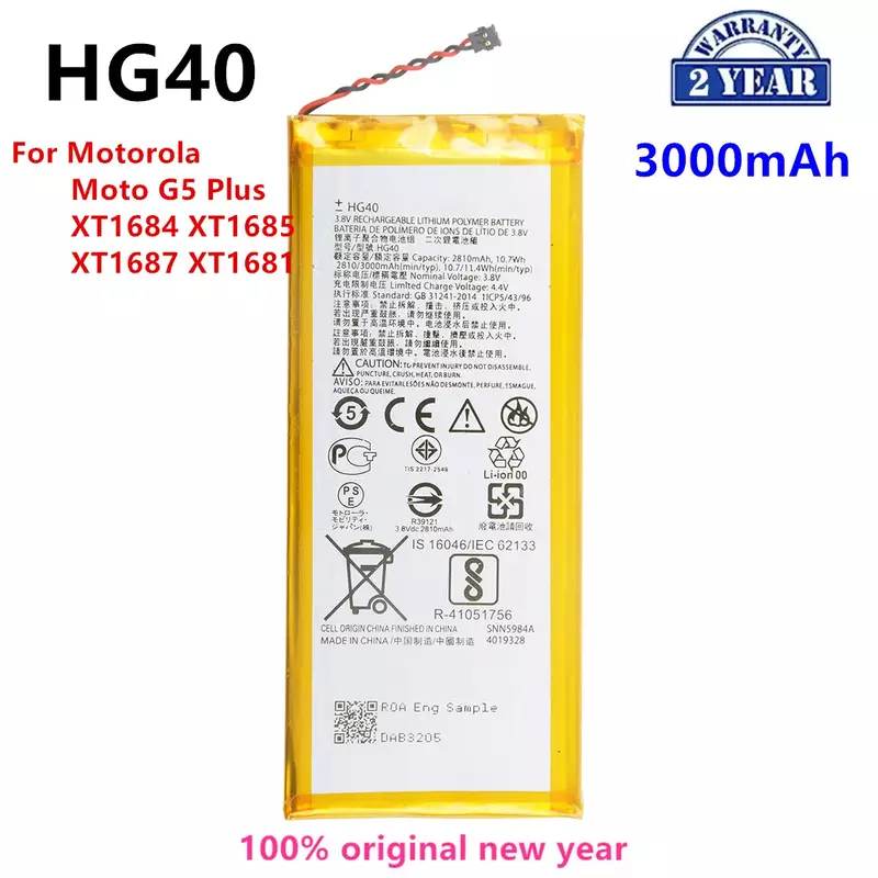 Bateria do telefone de substituição HG40 para Motorola, Moto G5 Plus, XT1684, XT1685, XT1687, XT1681, 3000mAh, 100% original