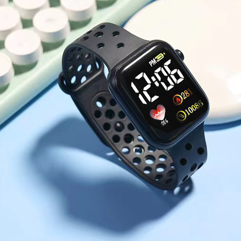 Jam tangan elektronik LED olahraga kekasih persegi kecil, jam tangan Fashion 2 buah/set