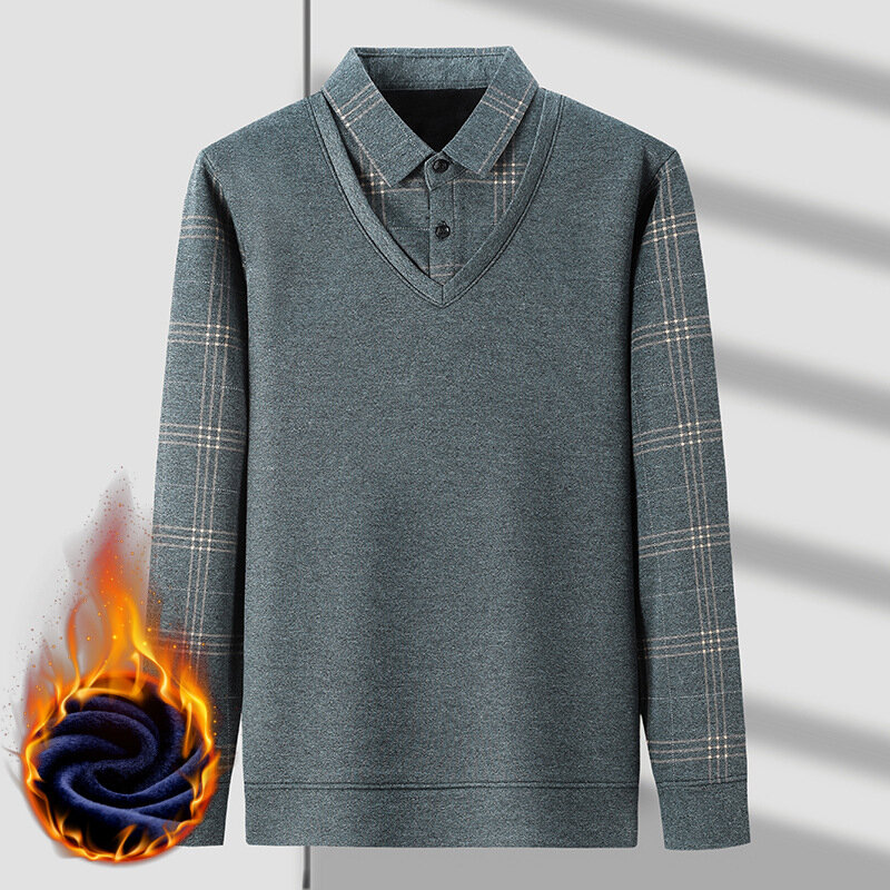 Camisa masculina de tricô espessa forrado com velo, além-fronteira, outono e inverno, nova