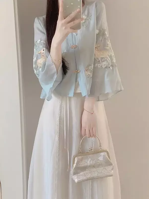 Haut et demi-jupe brodés de style chinois pour femmes, ensemble deux pièces, fouet avancé, rapIndustry, exquis, été, nouveau, 2024