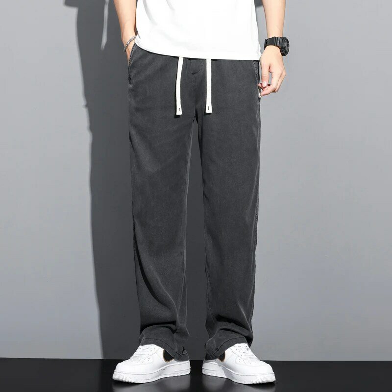 Тонкие свободные прямые брюки на шнуровке, летние мягкие мужские джинсы из лиоцелловой ткани, корейские повседневные брюки с эластичным поясом