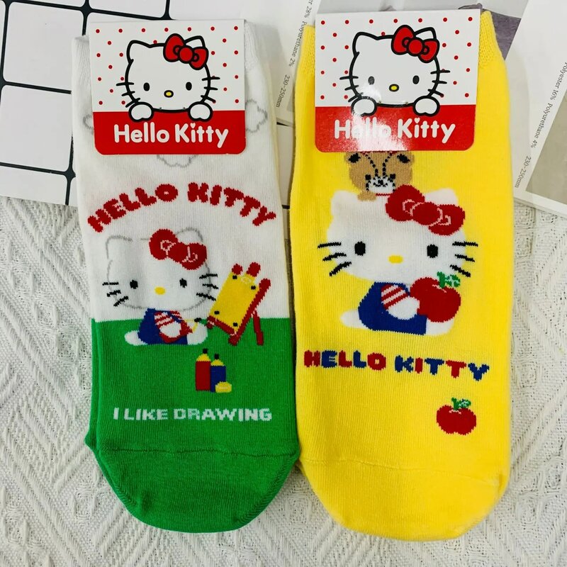 Kaus kaki perahu HelloKitty Anime Kawaii tembus udara tahan bau desain minimalis lucu pakaian sehari-hari gadis manis lembut untuk anak perempuan