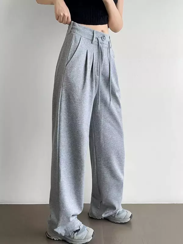 Celana lurus tali serut kasual longgar, celana olahraga ukuran kecil pinggang elastis baru musim gugur 2023